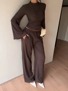 Siren Gaze Women's Solid Color Stand Collar Bell Sleeve Cinched Waist Top And Pants Casual 2 Pieces Set Lounge Dark Brown Autumn Brunch Lounge - Chocolate Brown - View 5