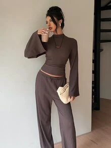 Siren Gaze Women's Solid Color Stand Collar Bell Sleeve Cinched Waist Top And Pants Casual 2 Pieces Set Lounge Dark Brown Autumn Brunch Lounge - Chocolate Brown - View 6
