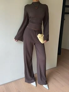Siren Gaze Women's Solid Color Stand Collar Bell Sleeve Cinched Waist Top And Pants Casual 2 Pieces Set Lounge Dark Brown Autumn Brunch Lounge - Chocolate Brown - View 4