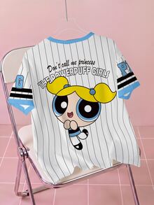 THE POWERPUFF GIRLS X SHEIN Women's Summer Casual Striped Cartoon Print T-Shirt - White - View 2