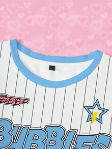 THE POWERPUFF GIRLS X SHEIN Women's Summer Casual Striped Cartoon Print T-Shirt - White - View 5