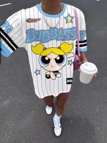 THE POWERPUFF GIRLS X SHEIN Women's Summer Casual Striped Cartoon Print T-Shirt - White - View 6