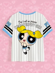 THE POWERPUFF GIRLS X SHEIN Women's Summer Casual Striped Cartoon Print T-Shirt - White - View 4