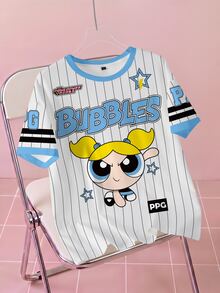 THE POWERPUFF GIRLS X SHEIN Women's Summer Casual Striped Cartoon Print T-Shirt - White - View 1