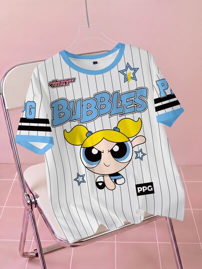 THE POWERPUFF GIRLS X SHEIN Women's Summer Casual Striped Cartoon Print T-Shirt
