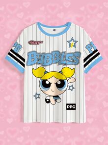 THE POWERPUFF GIRLS X SHEIN Women's Summer Casual Striped Cartoon Print T-Shirt - White - View 3