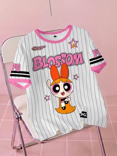 THE POWERPUFF GIRLS X SHEIN Damen lässig Gestreiftes Cartoon Muster Trim Kurzarm T-Shirt, Sommer