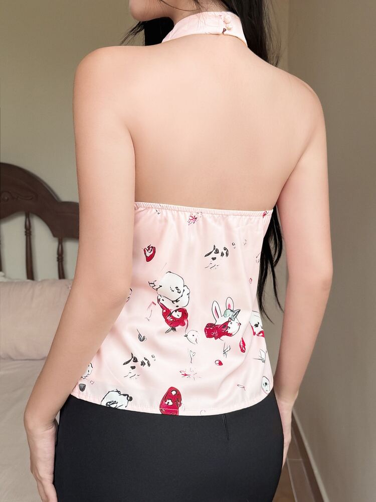 INAWLY Solva Sleeveless Tank Top For Women New Summer Stylish Cute Halter Neck Printed Crop Top Everyday Pink Night Out Y2k - Pink - View 2