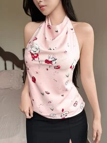 INAWLY Solva 女士无袖吊带背心，新款夏季时尚露背印花短款上衣 - 粉色 - 查看 5