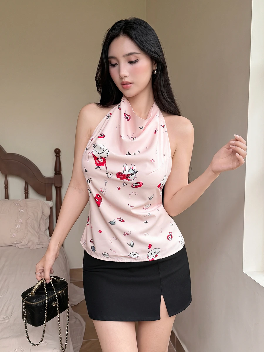 INAWLY Solva 女士无袖吊带背心,新款夏季时尚露背印花短款上衣 - 粉色 - 查看 1