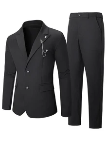 Manfinity Mode Men Solid Blazer & Chain Detail Suit Pants - Black - View 3
