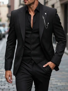 Manfinity Mode Men Solid Blazer & Chain Detail Suit Pants - Black - View 6