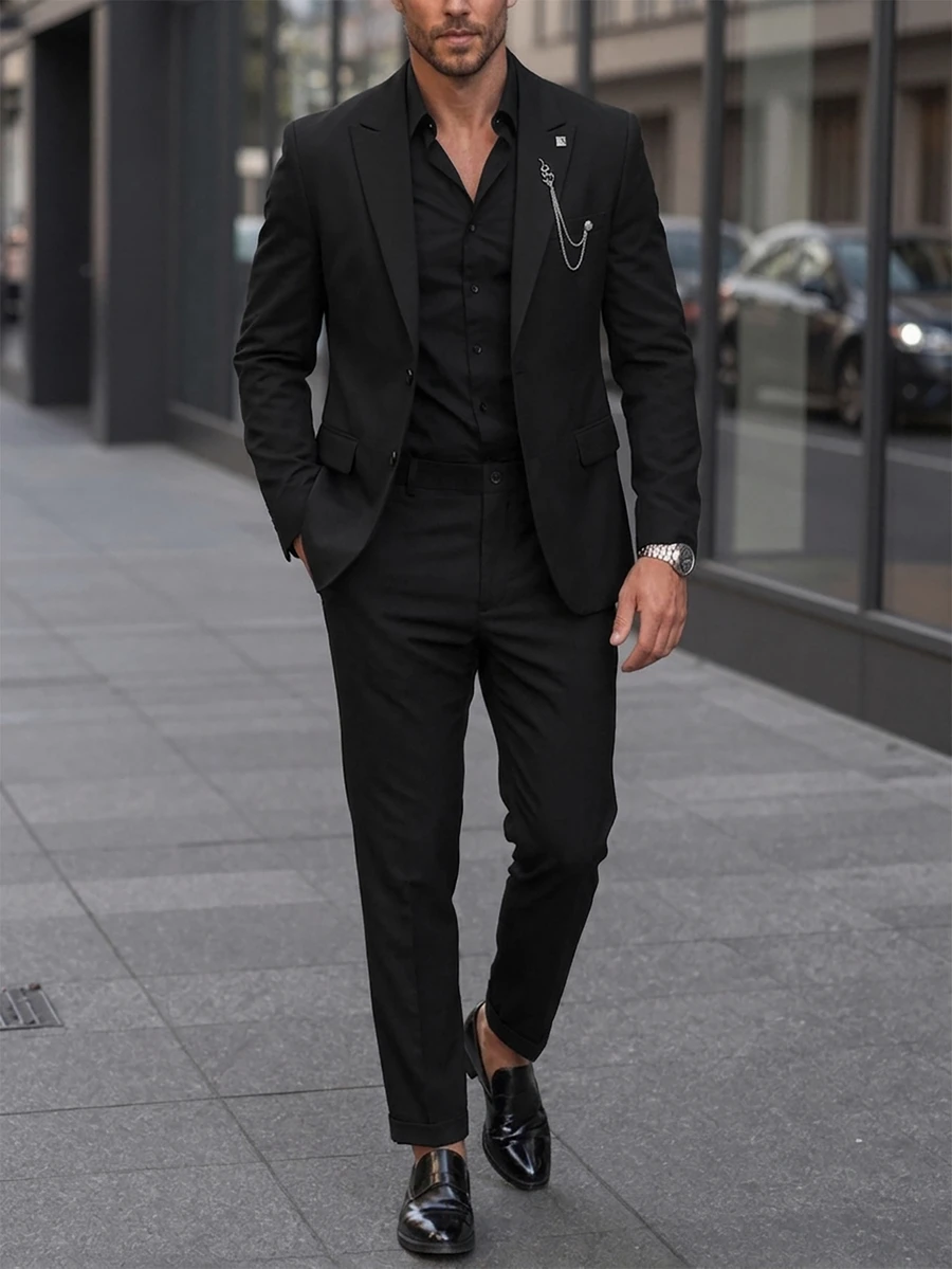 Manfinity Mode Men Solid Blazer & Chain Detail Suit Pants - Black - View 1