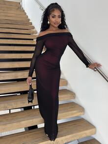 Alexandranx Gaun Maxi Mermaid Jala Berwarna-warni Elegan untuk Wanita, Model Off Shoulder, Lengan Panjang Hingga Pergelangan Tangan, Detail Transparan, Cocok untuk Pesta Malam. - MultiWarna - View 1