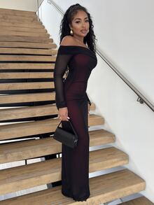 Alexandranx Gaun Maxi Mermaid Jala Berwarna-warni Elegan untuk Wanita, Model Off Shoulder, Lengan Panjang Hingga Pergelangan Tangan, Detail Transparan, Cocok untuk Pesta Malam. - MultiWarna - View 5