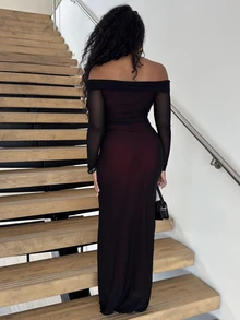Alexandranx Gaun Maxi Mermaid Jala Berwarna-warni Elegan untuk Wanita, Model Off Shoulder, Lengan Panjang Hingga Pergelangan Tangan, Detail Transparan, Cocok untuk Pesta Malam. - MultiWarna - View 2