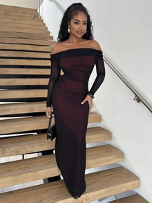 Alexandranx Gaun Maxi Mermaid Jala Berwarna-warni Elegan untuk Wanita, Model Off Shoulder, Lengan Panjang Hingga Pergelangan Tangan, Detail Transparan, Cocok untuk Pesta Malam. - MultiWarna - View 3