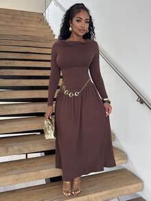 Alexandranx Women's Autumn/Winter Coffee Color Plunging Necklace Decor Long Sleeve Simple Elegant Dress - Coffee Brown - View 1