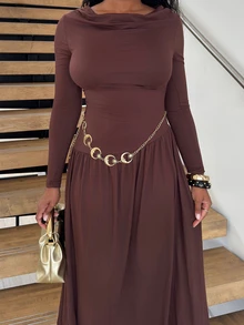 Alexandranx Women's Autumn/Winter Coffee Color Plunging Necklace Decor Long Sleeve Simple Elegant Dress - Coffee Brown - View 6