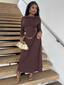Alexandranx Women's Autumn/Winter Coffee Color Plunging Necklace Decor Long Sleeve Simple Elegant Dress - Coffee Brown - View 4