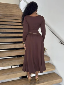 Alexandranx Women's Autumn/Winter Coffee Color Plunging Necklace Decor Long Sleeve Simple Elegant Dress - Coffee Brown - View 2