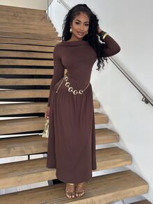 Alexandranx Women's Autumn/Winter Coffee Color Plunging Necklace Decor Long Sleeve Simple Elegant Dress - Coffee Brown - View 3