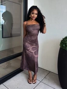 Alexandranx 女士优雅棕色芙蓉印花吊带垂褶领修身美人鱼长裙，棕色度假长裙，夏季假日装扮 - 棕色 - 查看 1