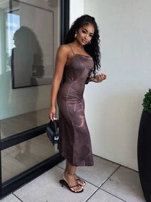 Alexandranx 女士优雅棕色芙蓉印花吊带垂褶领修身美人鱼长裙，棕色度假长裙，夏季假日装扮 - 棕色 - 查看 5
