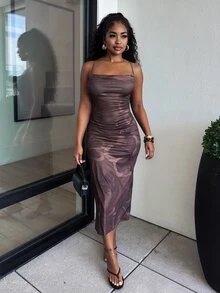 Alexandranx 女士优雅棕色芙蓉印花吊带垂褶领修身美人鱼长裙，棕色度假长裙，夏季假日装扮 - 棕色 - 查看 4
