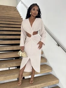 Alexandranx Elegant Women's Plain Brown Mesh Fabric Long Dress Featuring A Deep V Neck And Asymmetrical Hem - Brown - View 5