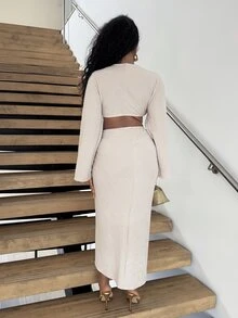 Alexandranx Elegant Women's Plain Brown Mesh Fabric Long Dress Featuring A Deep V Neck And Asymmetrical Hem - Brown - View 3