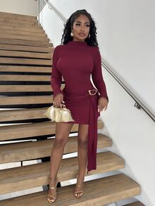 Alexandranx Women's Stand Collar Cinched Waist Minimalist Flare Sleeve Bodycon Midi Dress - Burgundy - View 1