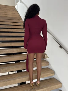 Alexandranx Women's Stand Collar Cinched Waist Minimalist Flare Sleeve Bodycon Midi Dress - Burgundy - View 2
