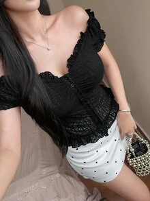 Tideelle French Style Off-Shoulder Puff Short Sleeve Blouse For Women, Ruched Button-Up Frill Trim Exposed Shoulder Waist-Cinched Asymmetrical Cropped Top - Black - View 4