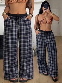 Coolane Blue Navy Style Casual Minimalist Loose Fit Plus Size Pants Suitable For Spring And Autumn Fall - Multicolor - View 1
