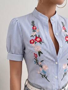 SHEIN Raffinéa 女士蓝白条纹梭织时尚刺绣短袖衬衫 - 藍色 - 查看 3