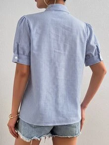 SHEIN Raffinéa 女士蓝白条纹梭织时尚刺绣短袖衬衫 - 藍色 - 查看 2
