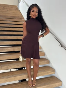 Alexandranx Minimalist Chic Minimalist Stand Collar Sleeveless A-Line Mini Ribbed Knit Dress For Women Everyday Dark Brown Autumn - Coffee Brown - View 4