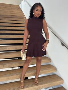 Alexandranx Minimalist Chic Minimalist Stand Collar Sleeveless A-Line Mini Ribbed Knit Dress For Women Everyday Dark Brown Autumn - Coffee Brown - View 1