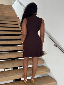 Alexandranx Minimalist Chic Minimalist Stand Collar Sleeveless A-Line Mini Ribbed Knit Dress For Women Everyday Dark Brown Autumn - Coffee Brown - View 2