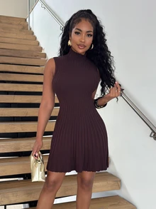 Alexandranx Minimalist Chic Minimalist Stand Collar Sleeveless A-Line Mini Ribbed Knit Dress For Women Everyday Dark Brown Autumn - Coffee Brown - View 3