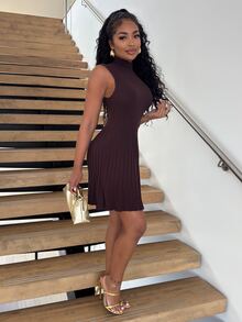 Alexandranx Minimalist Chic Minimalist Stand Collar Sleeveless A-Line Mini Ribbed Knit Dress For Women Everyday Dark Brown Autumn - Coffee Brown - View 6