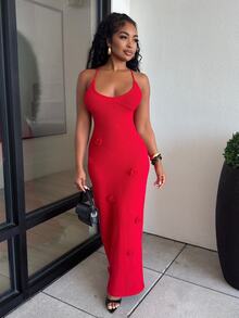 Alexandranx 女士修身碎花细肩带迷你毛衣裙 情人节女士连衣裙 情人节服装 度假装 女士夏季服装 情人节夏季 3D 花朵红色长款针织连衣裙 女士红色连衣裙 情人节连衣裙 女士连衣裙 优雅夏装 - 酒紅色 - 查看 4