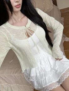 Tideelle Pale Yellow Frill Trim Lace-Up Short Knit Cardigan Brunch Autumn Romantic Elegant - Lime Green - View 5