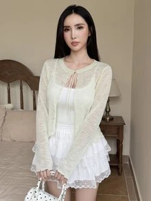 Tideelle Pale Yellow Frill Trim Lace-Up Short Knit Cardigan Brunch Autumn Romantic Elegant - Lime Green - View 4