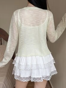 Tideelle Pale Yellow Frill Trim Lace-Up Short Knit Cardigan Brunch Autumn Romantic Elegant - Lime Green - View 3