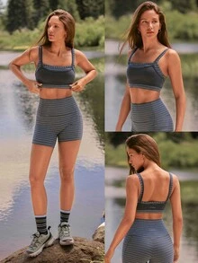 GLOWMODE FeatherFit™ Stripe Flow 2-In-1 Double Strap Sports Bra With Removable Cups Low Impact Outdoor Yoga Studio Daily - Iron Gray - View 7