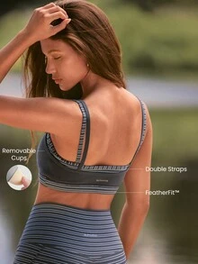GLOWMODE FeatherFit™ Stripe Flow 2-In-1 Double Strap Sports Bra With Removable Cups Low Impact Outdoor Yoga Studio Daily - Iron Gray - View 2