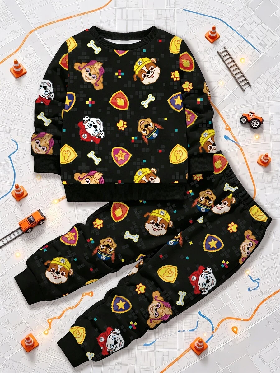 SHEIN | PAW Patrol 2件組小男孩圓領卡通徽章骨頭印花運動衫與慢跑褲,春秋休閒穿著 - 黑色 - 查看 1