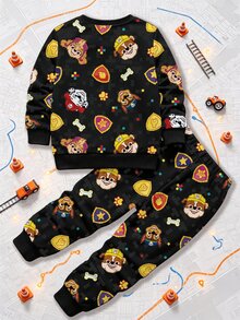 SHEIN | PAW Patrol 2件組小男孩圓領卡通徽章骨頭印花運動衫與慢跑褲，春秋休閒穿著 - 黑色 - 查看 2